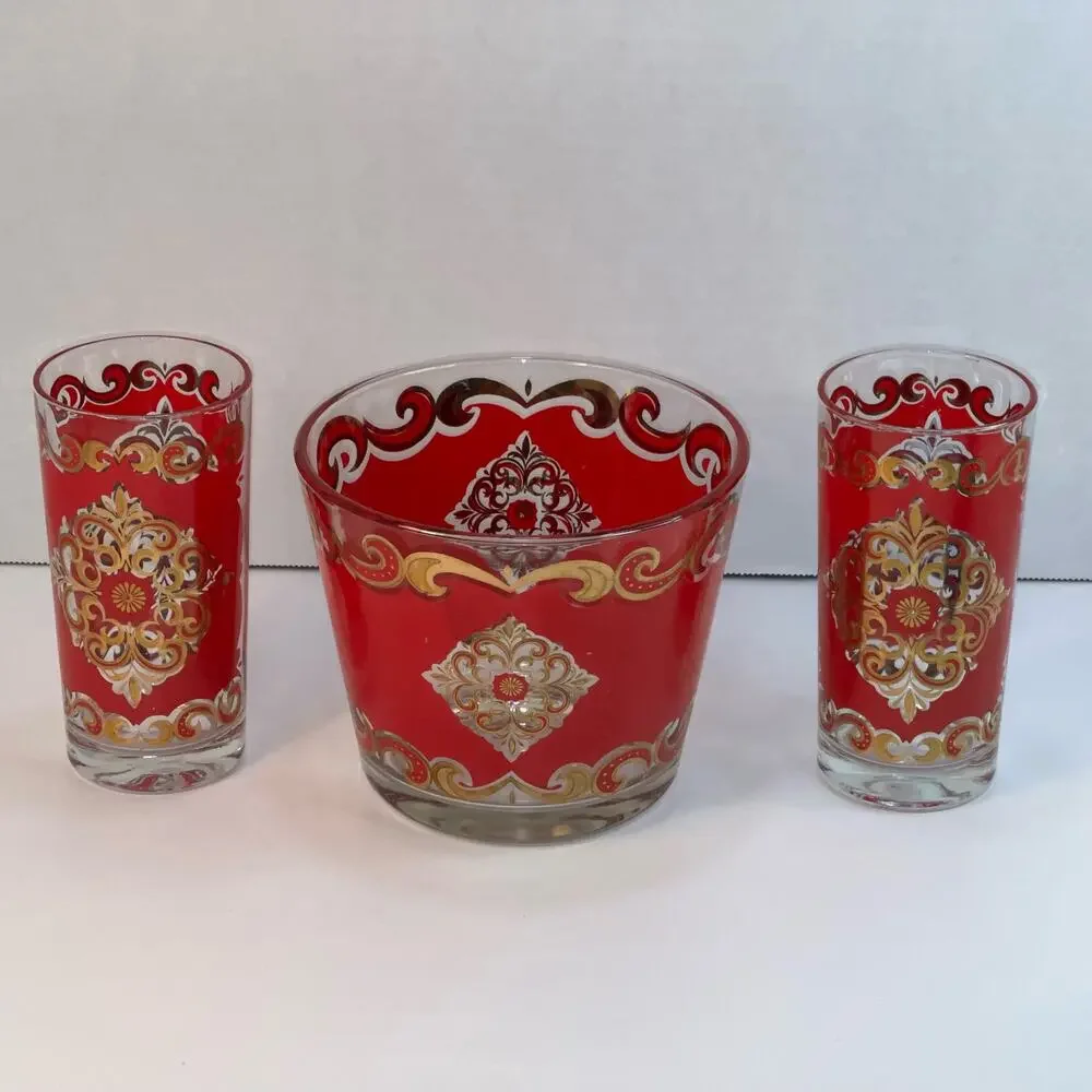 Starlyte Culver Red & 24K Gold Baroque Medallion Cocktail Ice Bucket & 2 Gasses